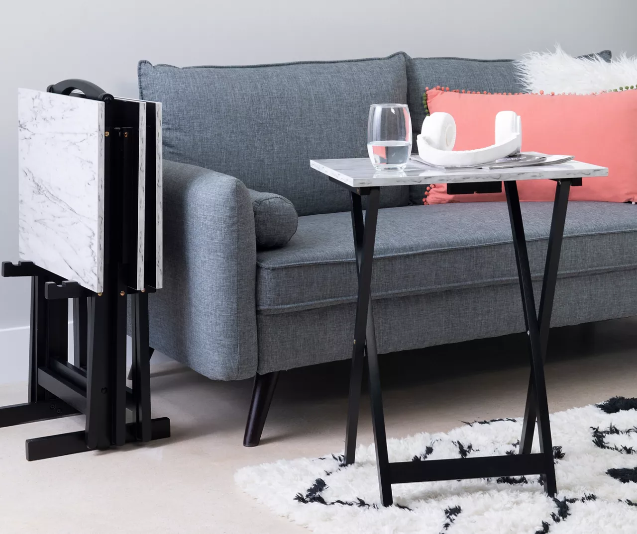 Davis White Faux Marble Tray Tables with Stand, 5-Piece Set Davis White Faux Marble Tray Tables With Stand, 5-Piece Set -Home Furniture Store 810389673 B0 1