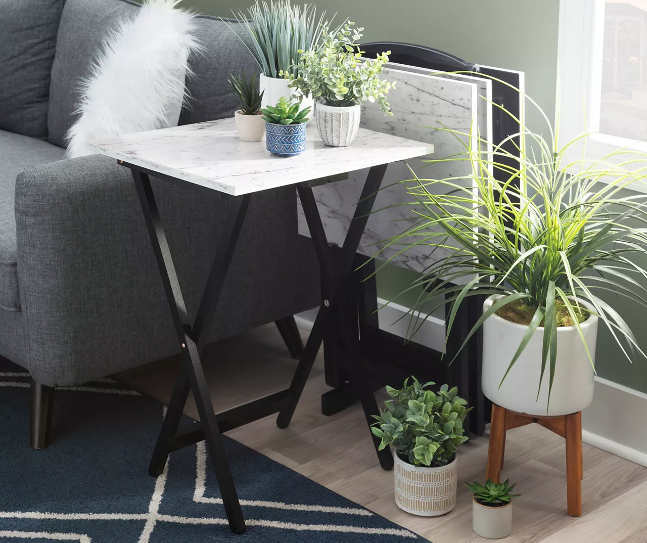 Davis White Faux Marble Tray Tables with Stand, 5-Piece Set Davis White Faux Marble Tray Tables With Stand, 5-Piece Set -Home Furniture Store 810389673 B0 3