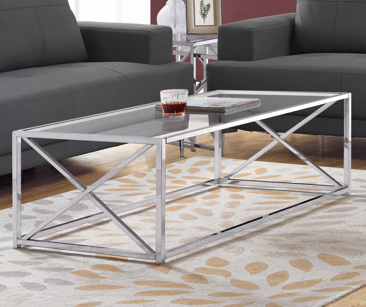 Tempered Glass & Chrome Metal X Coffee Table Tempered Glass & Chrome Metal X Coffee Table -Home Furniture Store 810542388 1 1