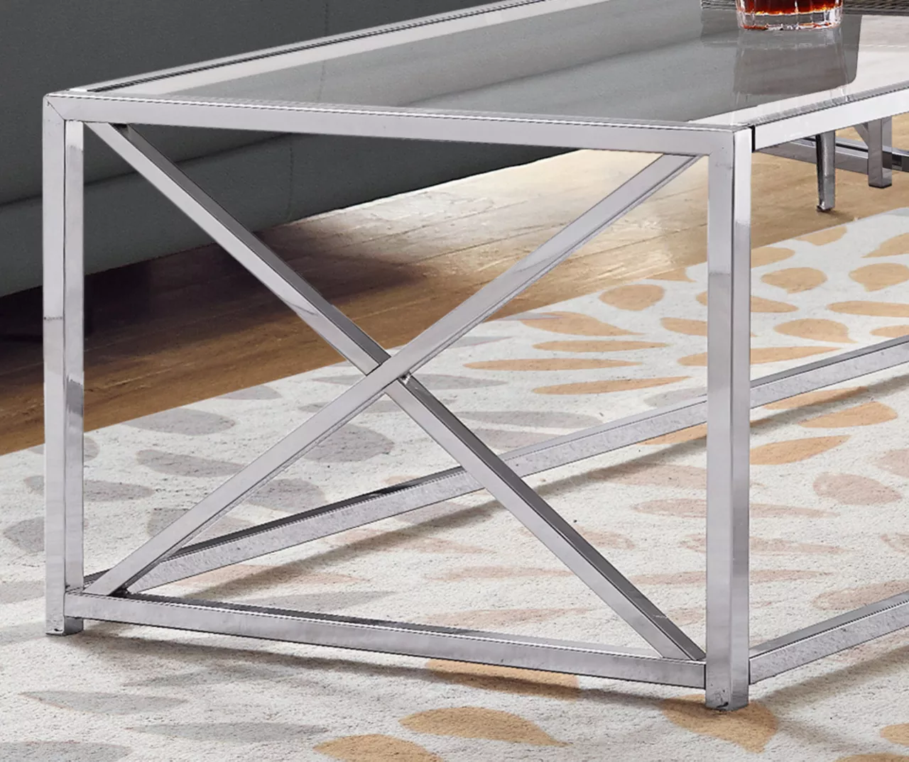 Tempered Glass & Chrome Metal X Coffee Table Tempered Glass & Chrome Metal X Coffee Table -Home Furniture Store 810542388 3 1
