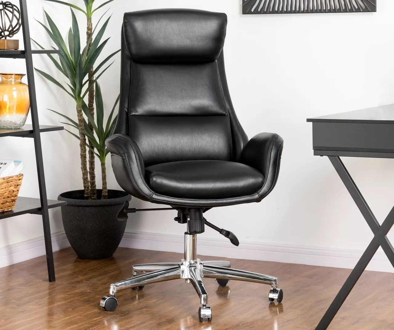 Black Mid-Century Modern Faux Leather Executive Office Chair Black Mid-Century Modern Faux Leather Executive Office Chair -Home Furniture Store 810598936 A0 2