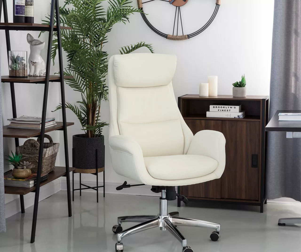 Cream Mid-Century Modern Faux Leather Executive Office Chair Cream Mid-Century Modern Faux Leather Executive Office Chair -Home Furniture Store 810598938 A0 2